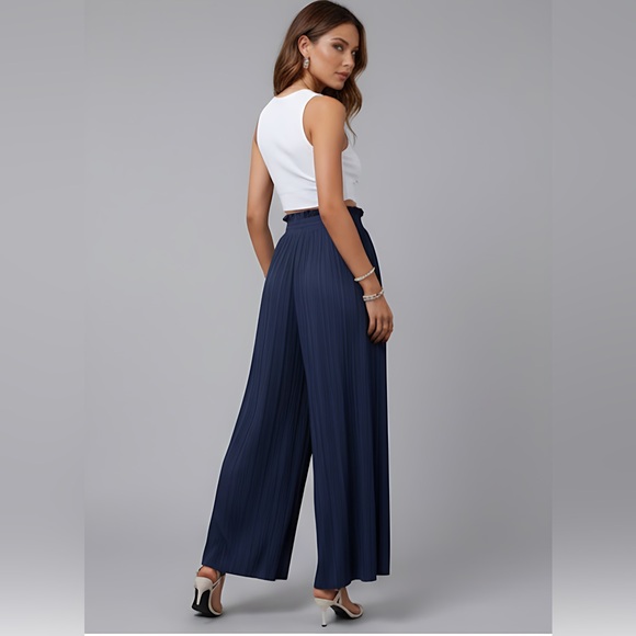 Navy Blue Pleated Paperbag Waist Wide Leg Pants - Picture 3 of 7